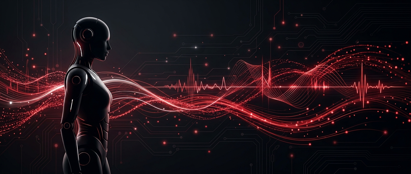 Abstract dark technology background with humanoid robot silhouette and glowing red real-time data pulse waves